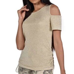 Frank Lyman Gold Top 10 Cold Shoulder Gathered Short Sleeve Shirred NWT $154